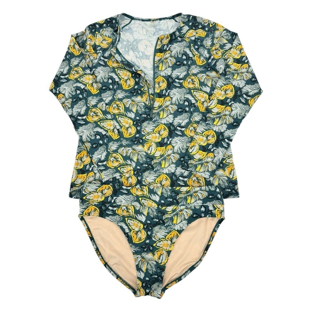 Garnet Hill Swim Set Half Zip Rashguard and Swim Bottom Floral Tropical Print L